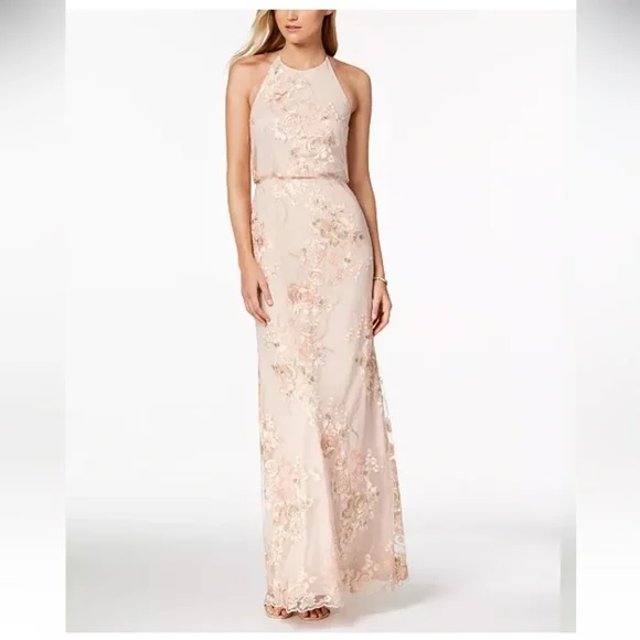 Adrianna Papell Embroidered Open-Back Halter Gown - Pink 14